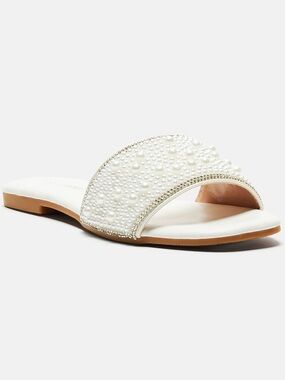 Pearl-Embellished White Slide Sandals - Women's